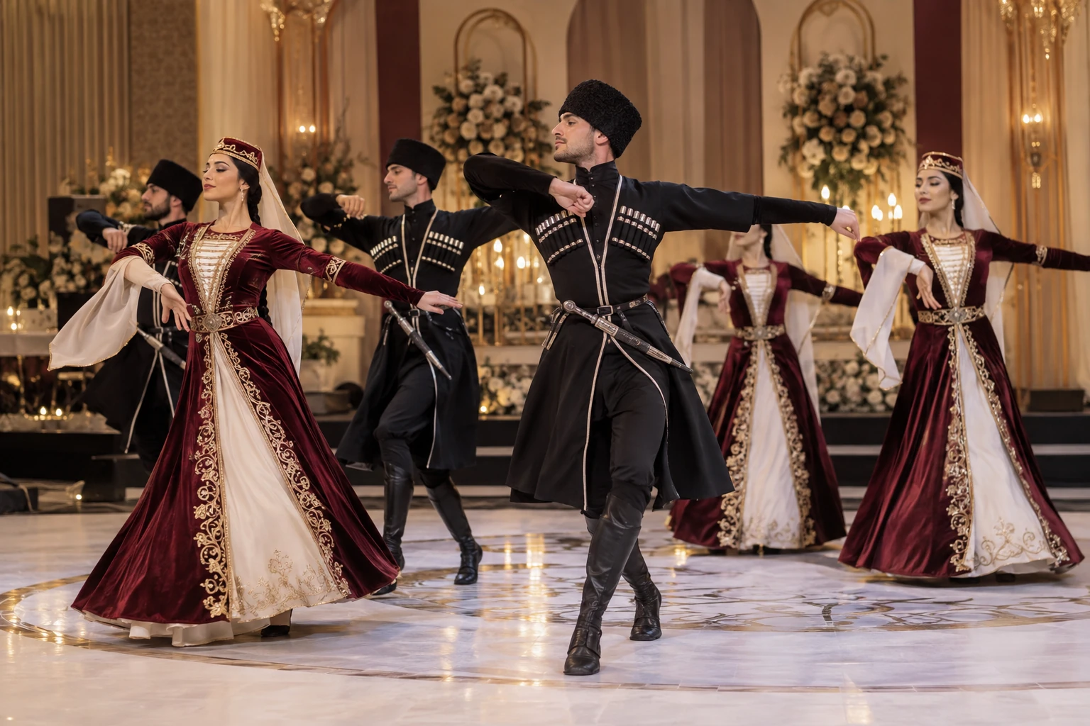 Düğün salonunda Kafkas dansı gösterisi yapan ekip